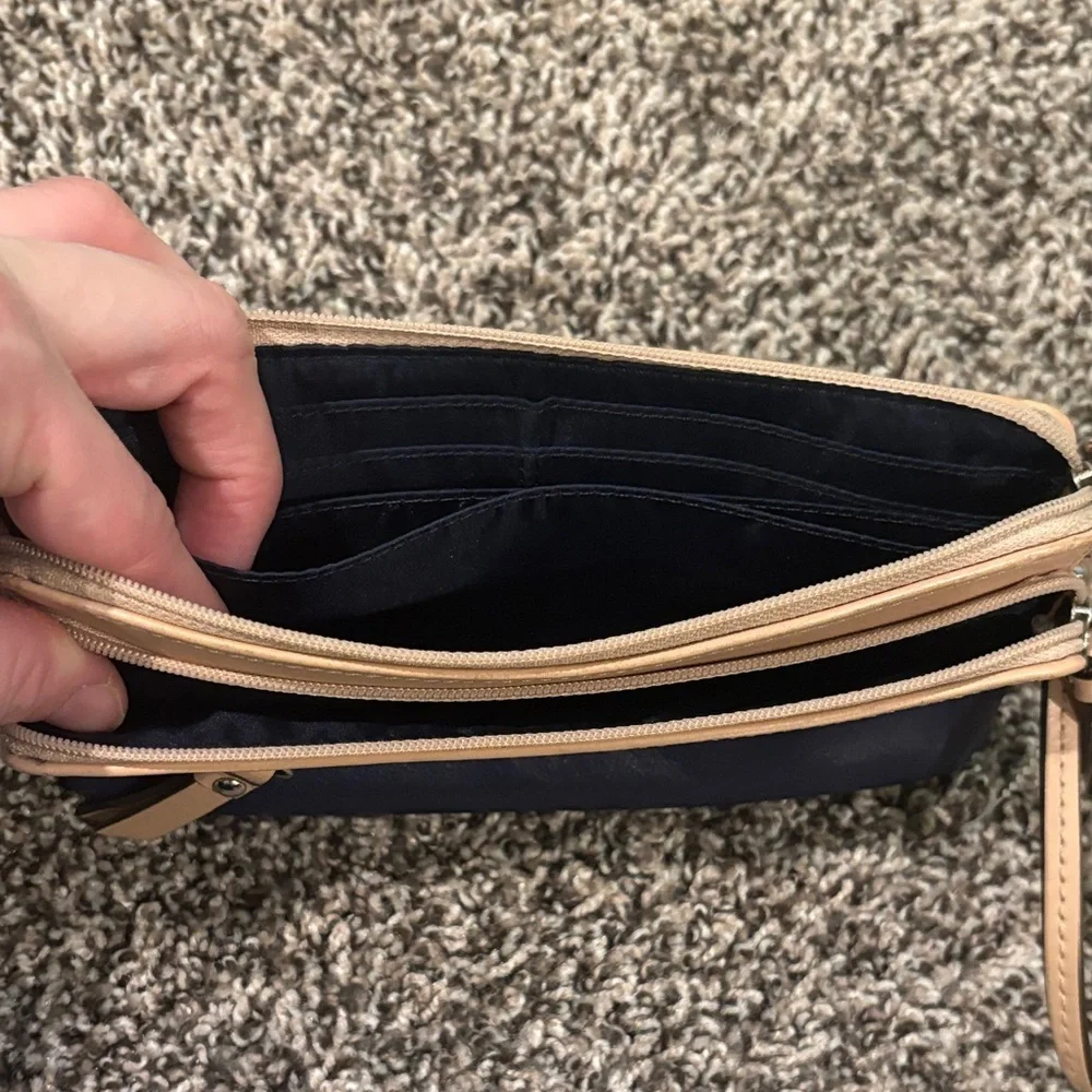 Coach Leather Wristlet Blue, Green & Tan